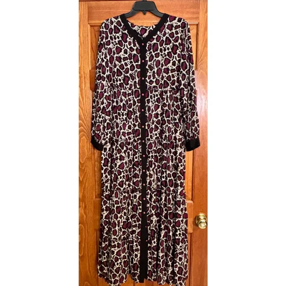 Bagiza Animal Print Maxi Dress Women’s 46 XL Purple Black Leopard Button Front - Picture 2 of 8